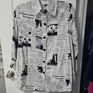 Newspaper Print Button-Up Blouse